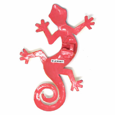 8" Painted Gecko Recycled Haitian Metal Wall Art Multi Colored, Multicolored with Yellow Feet