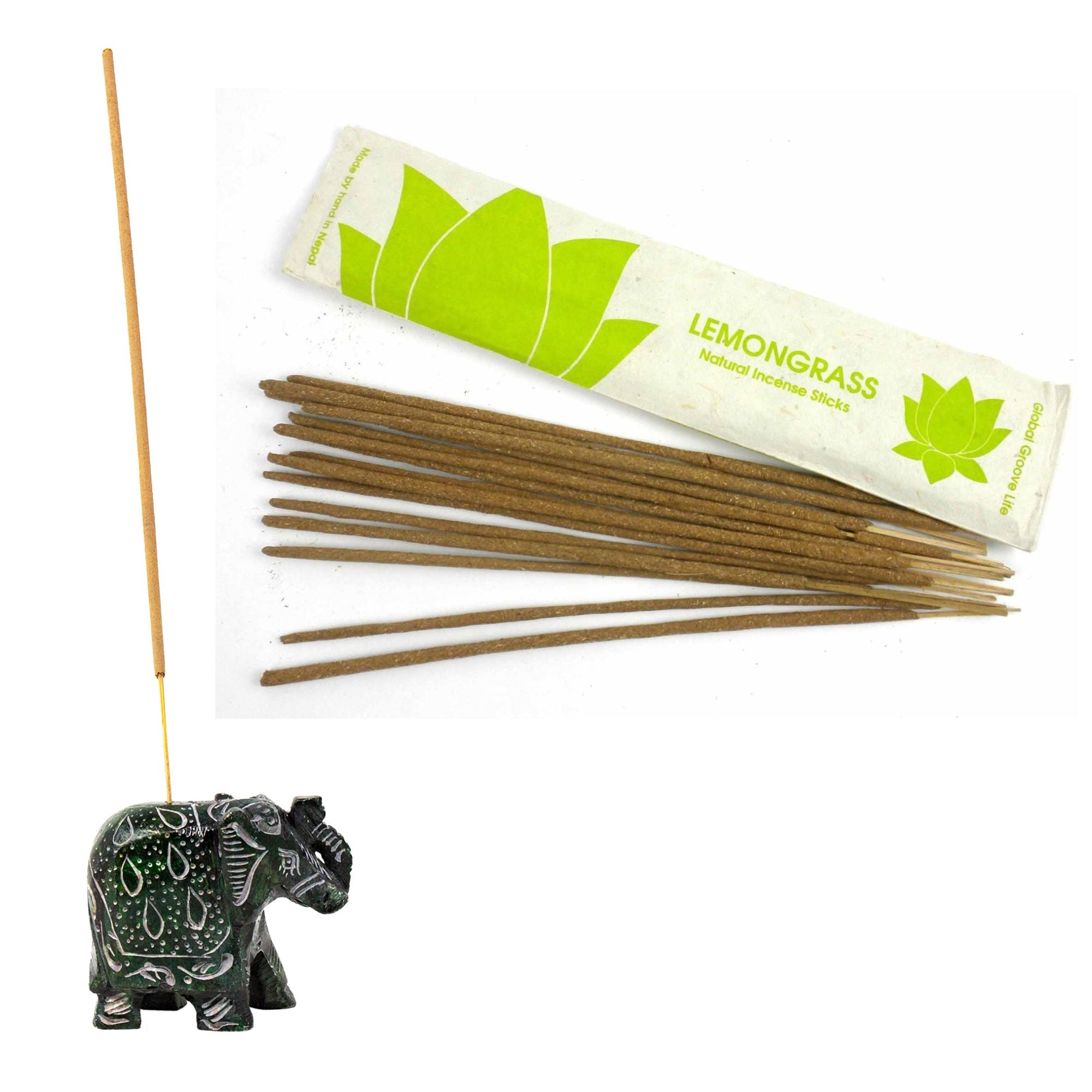 Handmade Elephant Soapstone Incense Holder with Lemongrass Stick Incense