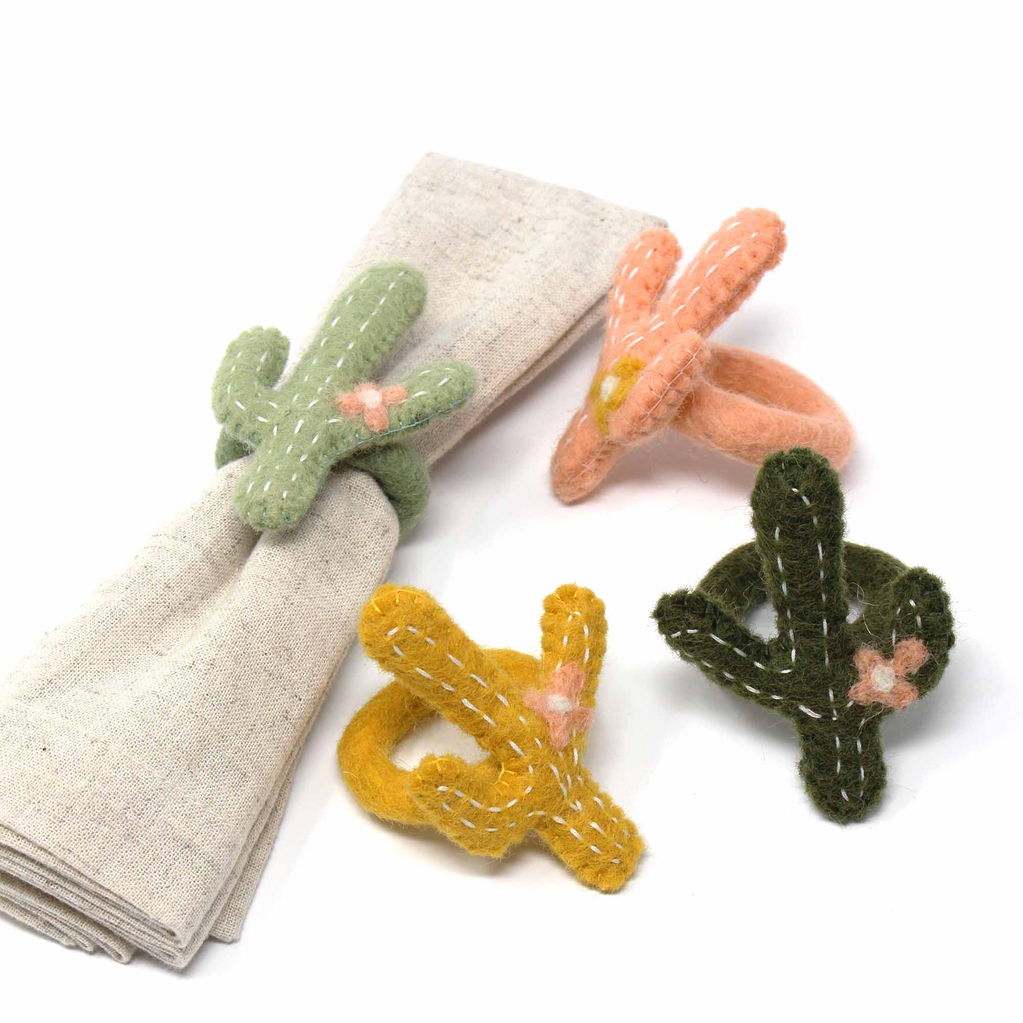 Hand-felted Cactus Napkin Rings, Set of Four Colors