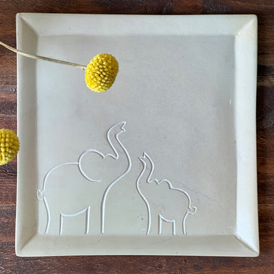 Soapstone Mama & Baby Elephant Square Appetizer Plate