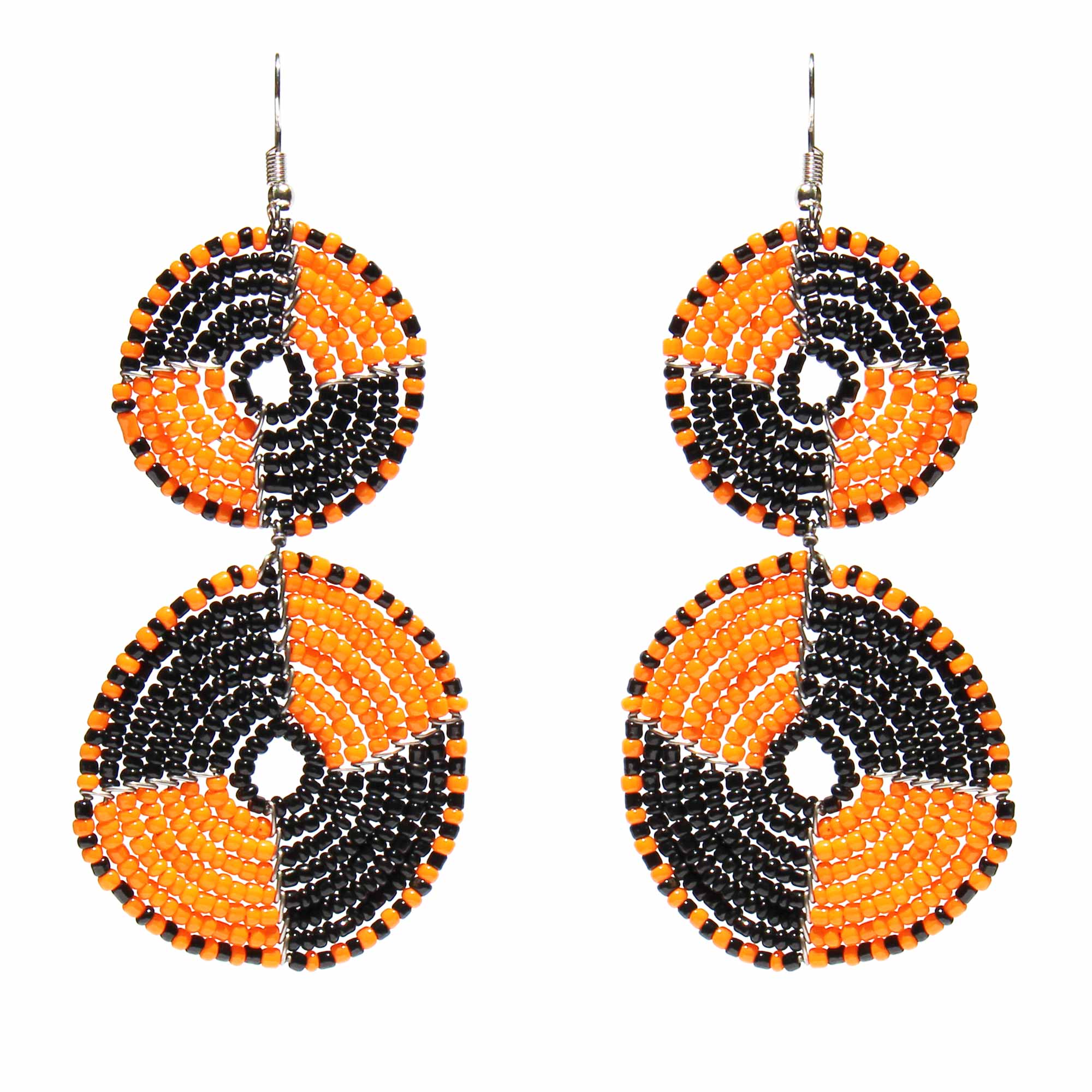 Maasai Bead Double Circle Dangle Earrings, Mango Orange and Black