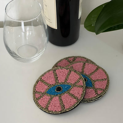 Pink Evil Eye Hand Embroidered Glass Bead Coasters, Set of 4