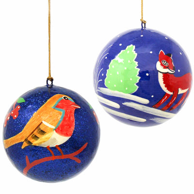 Handpainted Fox & Bird Ornaments, Set of 2