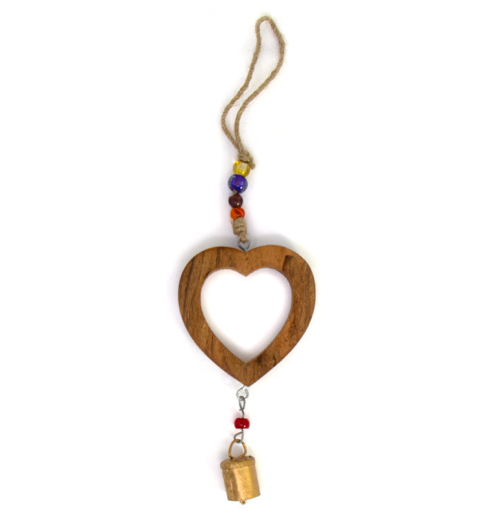 Handcrafted Wood Heart Chime with Iron Bell