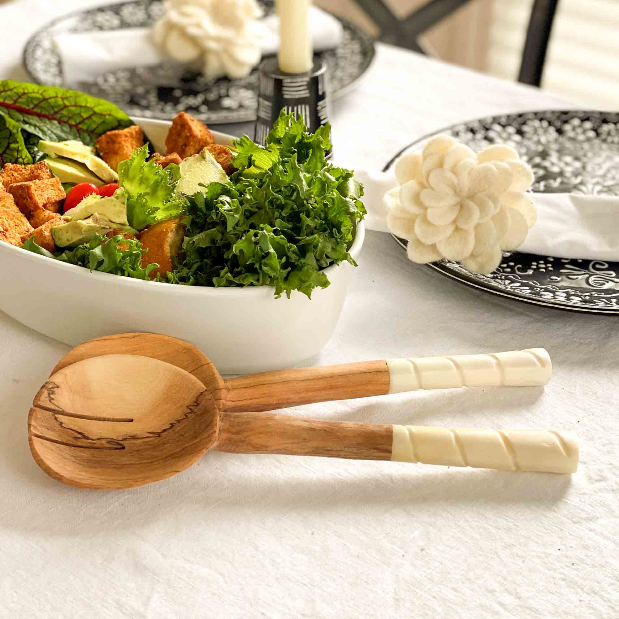 Olive Wood Salad Servers with Bone Handles, White with Etching Design