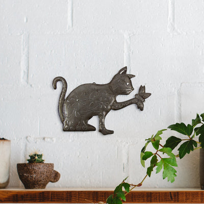 Playful Kitty and Butterfly Haitian Steel Drum Wall Art