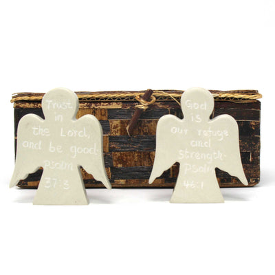 Angel Tokens with Psalm Inscriptions Packed in Raffia, Maker Card with Banana Fiber Box