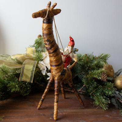 Banana Fiber Santa Riding Giraffe Safari Animal Sculpture