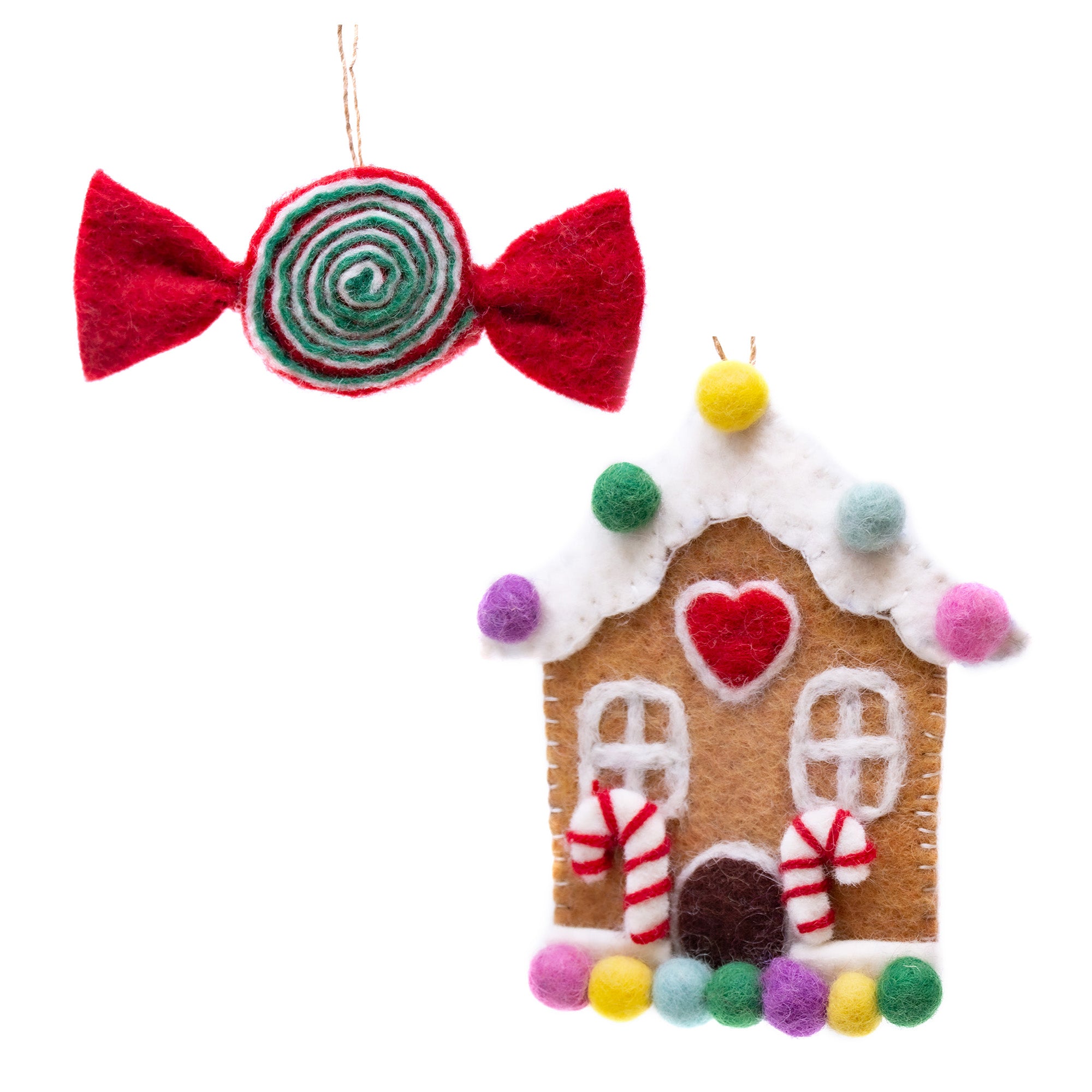 Gingerbread House and Candy Handmade Felt Ornaments, Set of 2