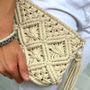 Macrame Clutch with Tassel, Cream