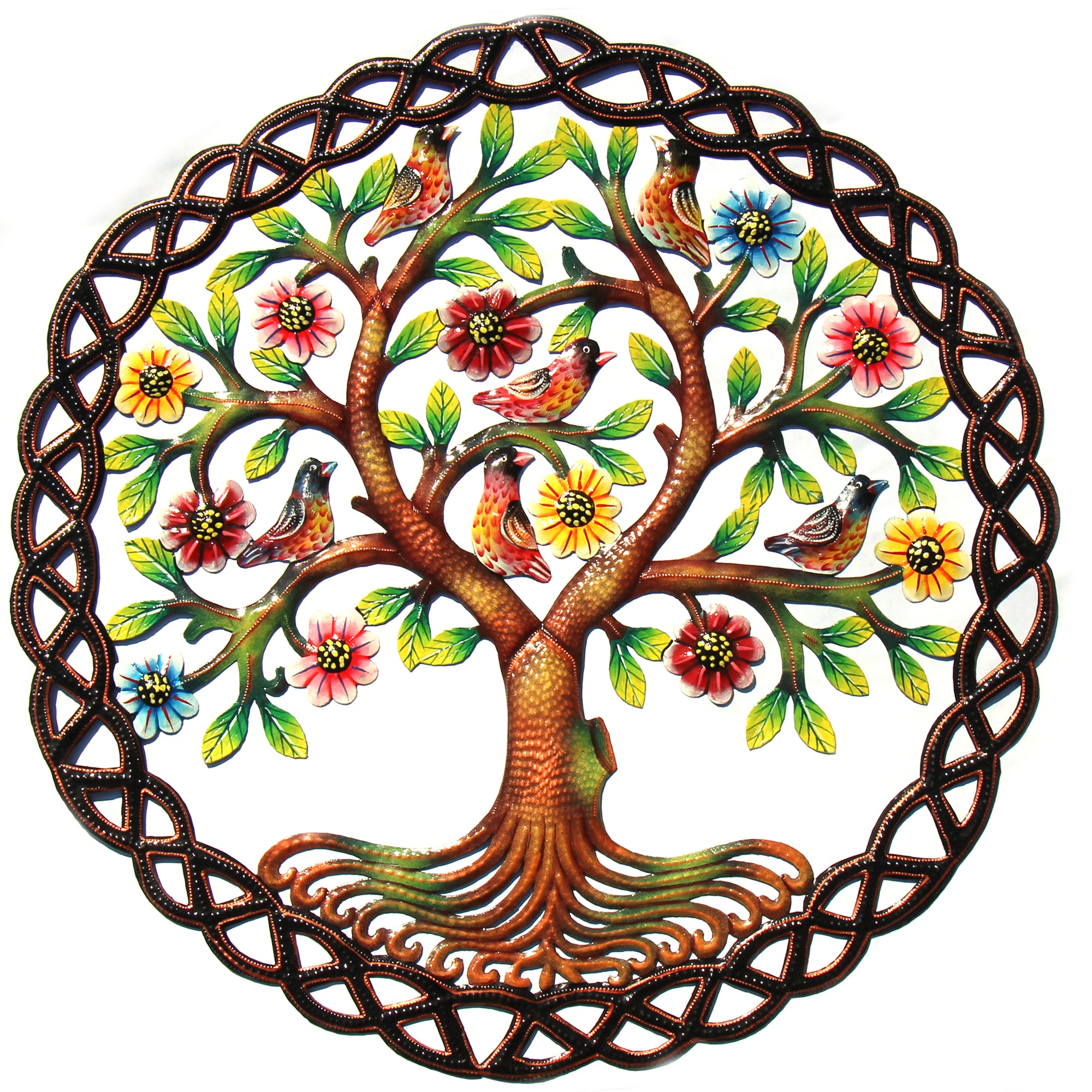 Rooted Tree of Life in Circle Painted Haitian Metal Drum Wall Art, 24"