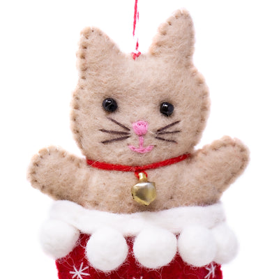 Holly Mittens and Kitten in Stocking Handmade Felt Ornaments, Set of 2