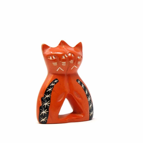 Handmade 4-inch Brick Orange Soapstone Love Cats Sculpture