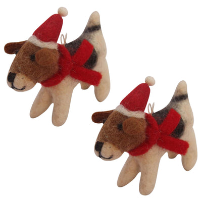 Christmas Beagle in Santa Hat Handmade Felt Ornaments, Set of 2