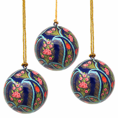 Handpainted Ornaments, Coral & Blue Floral, Set of 3