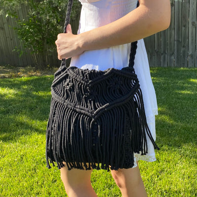 Handmade Boho Macrame Shoulder Bag, Black with Fringe