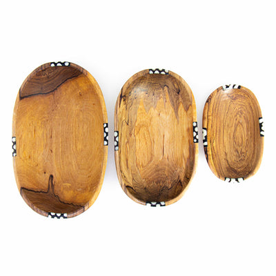 Nested Oval Olive Wood Serving Bowls with Bone Inlay Accent