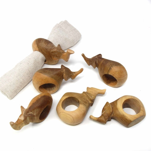 Set of Six Mahogany Wood Animal Napkin Rings