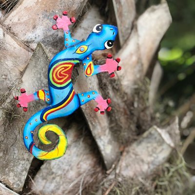 Eight inch Painted Gecko Recycled Haitian Metal Wall Art Blue-Greens Red Eye