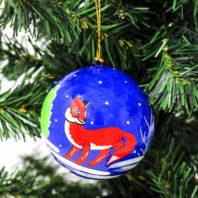 Handpainted Fox & Bird Ornaments, Set of 2