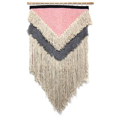 Handwoven Boho Wall Hanging, Pink with Cream Fringe