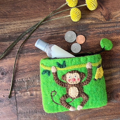 Handcrafted Monkey Felt Coin Zipper Pouch