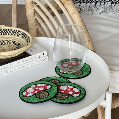 Bright Mushroom Hand Embroidered Glass Bead Coasters, Set of 4