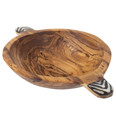Rustic Olive Wood Bowl with Batik Bone Inlay Handles, 6-inch