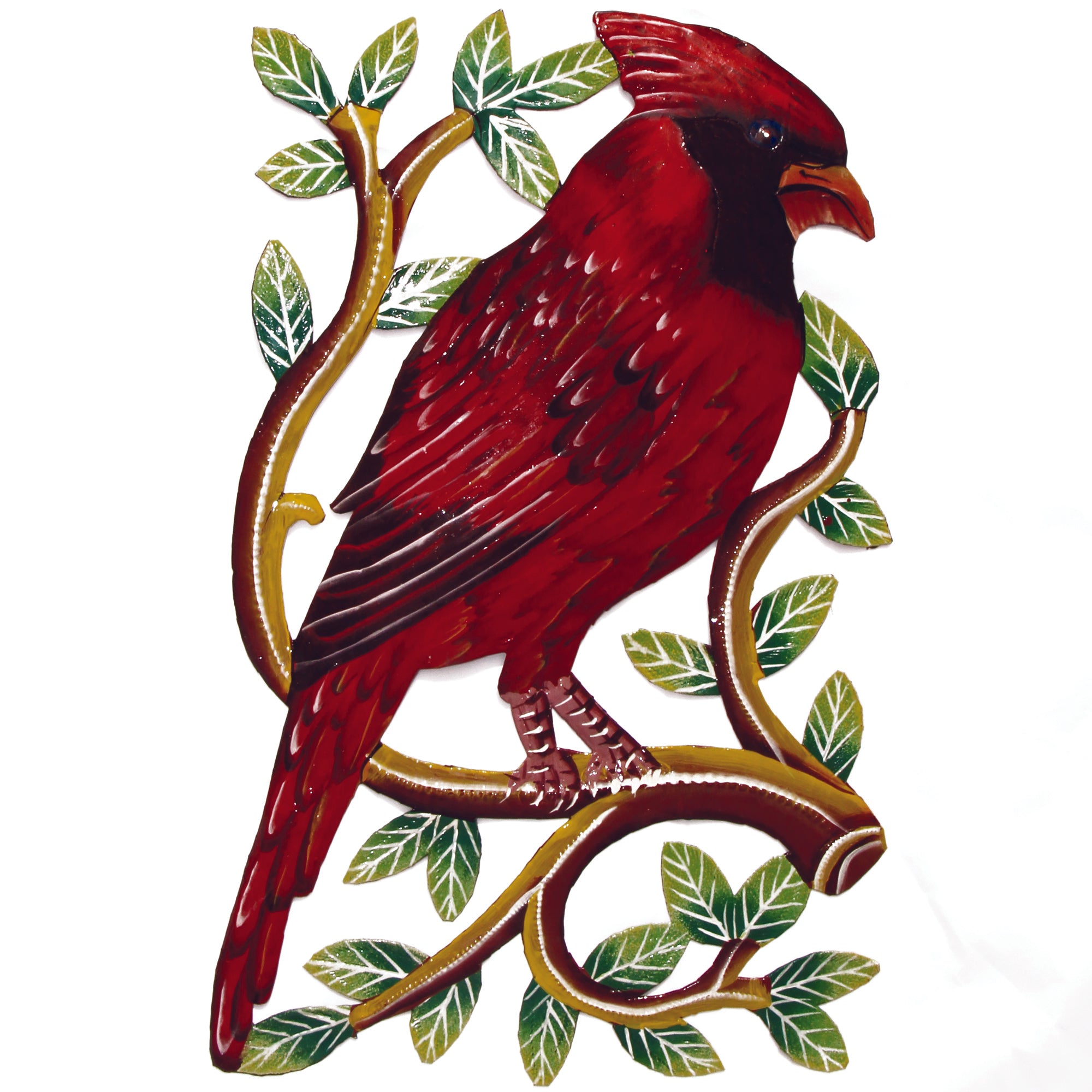 Cardinal Bird on Branch Painted Haitian Steel Drum Wall Art, 13" x 8"