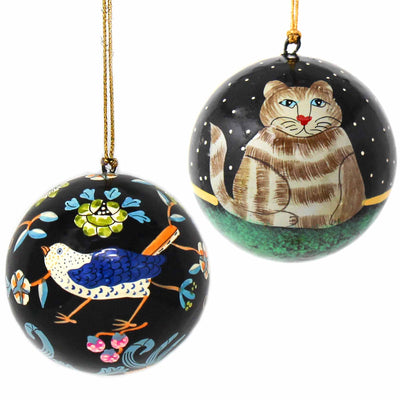 Handpainted Cat & Bird Ornaments, Set of 2