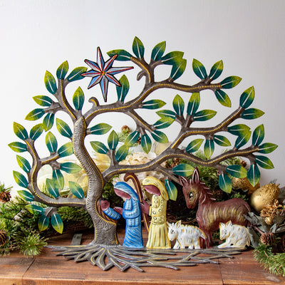 Haitian Metal Drum Tabletop Tree Creche Nativity 24 inch