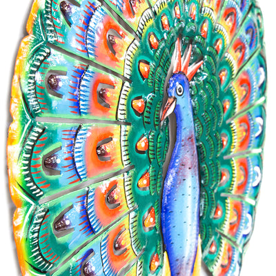 Vibrant Blue Peacock Haitian Metal Drum Wall Art