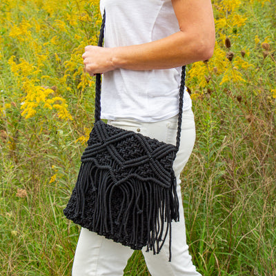 Handmade Boho Macrame Shoulder Bag, Black with Fringe