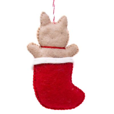 Holly Mittens and Kitten in Stocking Handmade Felt Ornaments, Set of 2