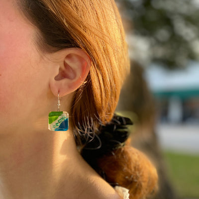 Square Glass Dangle Earrings, Blue Green Waves