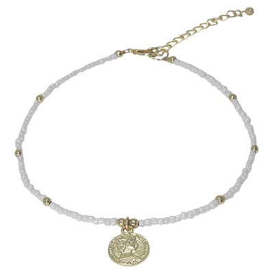 White Glass Bead Choker with Brass Coin Pendant