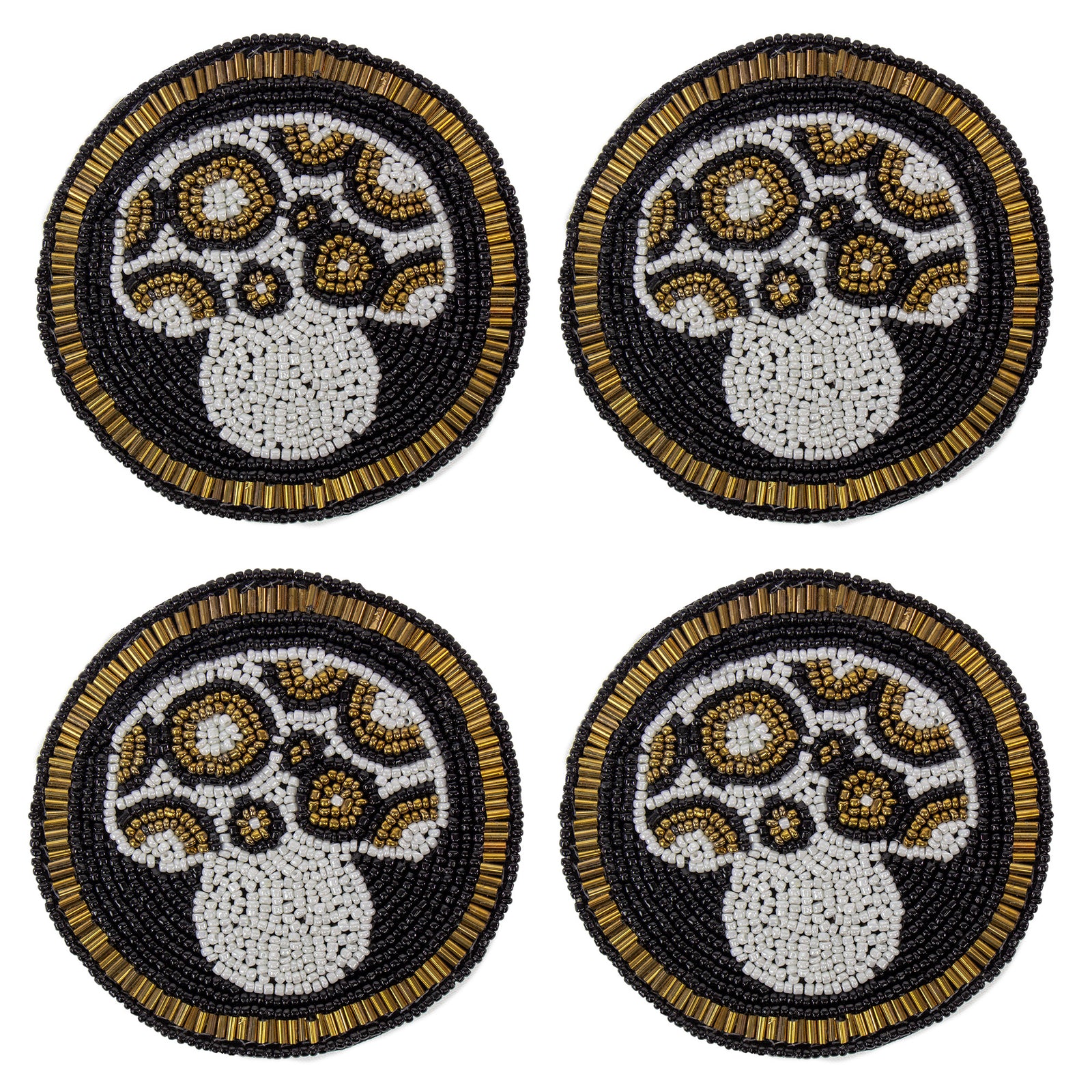 Black Mushroom Hand Embroidered Glass Bead Coasters, Set of 4