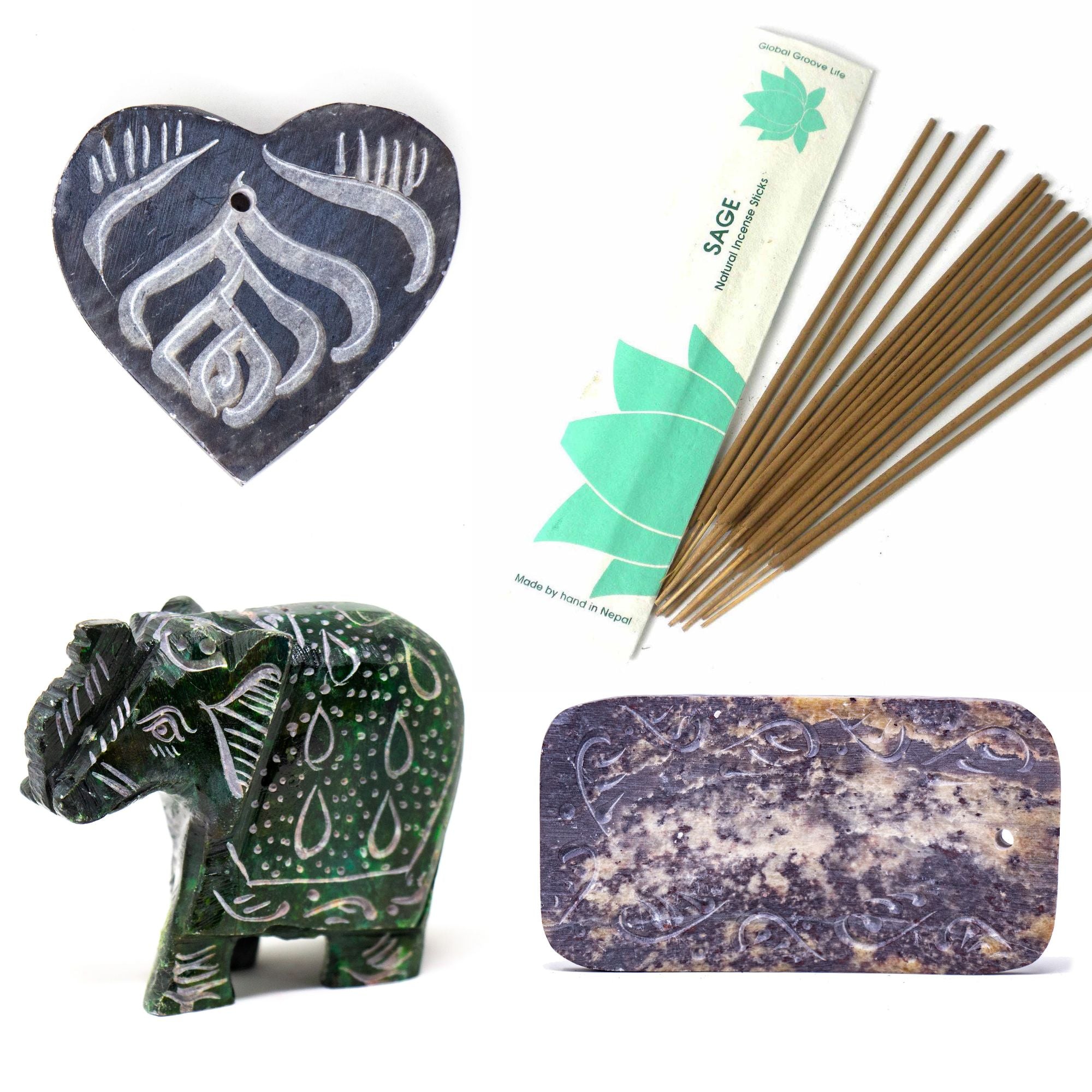 Collection of Soapstone Incense Holders and Sage Stick Incense