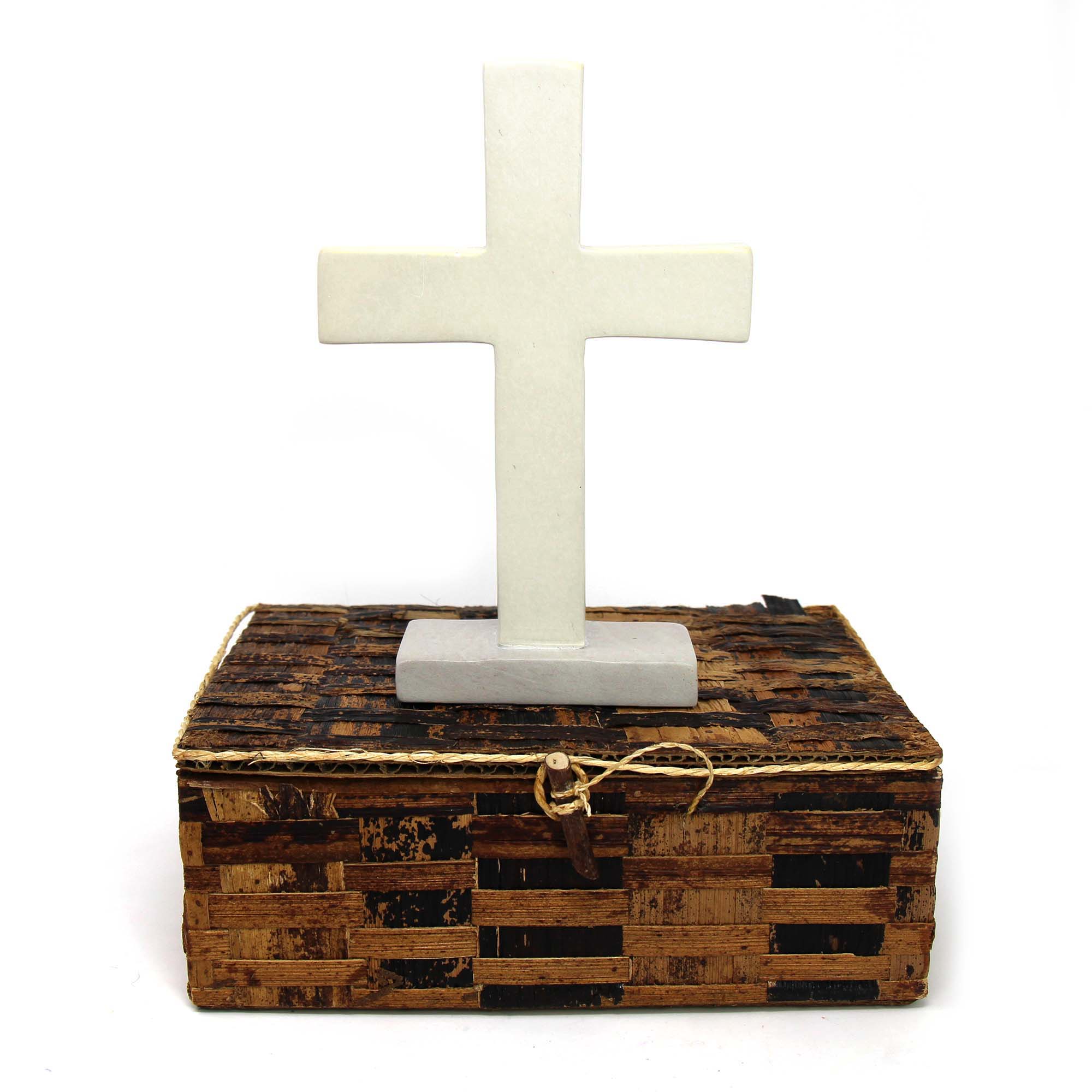 Soapstone Traditional Standing Cross in Banana Fiber Storage Box