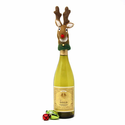 Handmade Felt Reindeer Wine Bottle Toppers, Set of 2