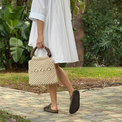 Macrame Bag with Arched Wooden Handle, Unlined Interior