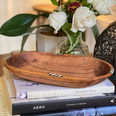 X-Large Oval Olive Wood Bowl with Bone Inlay Accent