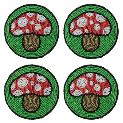 Bright Mushroom Hand Embroidered Glass Bead Coasters, Set of 4