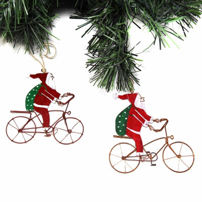 Recycled Wire Bicycle Santa Ornament, Set of 2