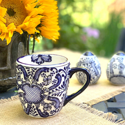 Mexican Pottery Rounded Mugs, Blue Flowers