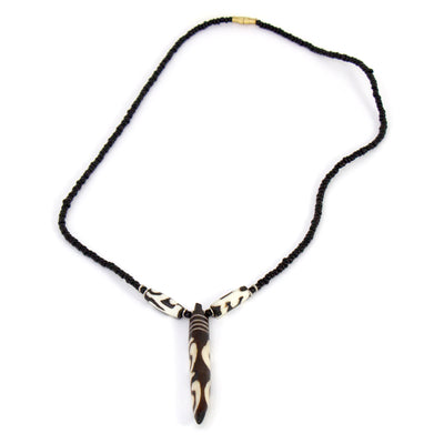 Bone Tooth Necklace on Leather Chain with Brass Closure- Batik Design