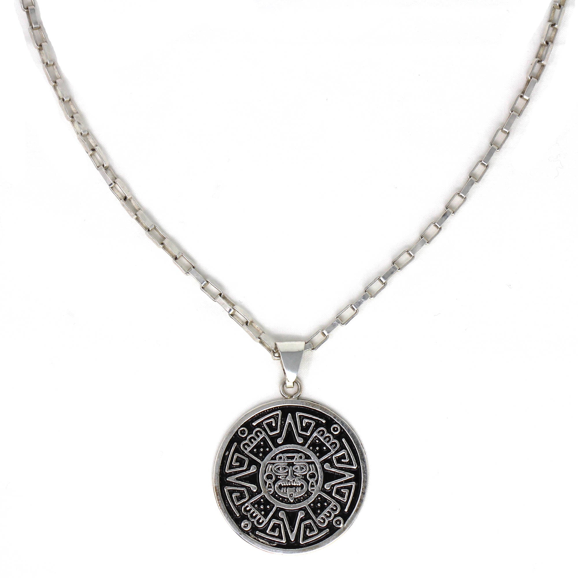 Alpaca Silver Aztec Face Pendant with Chain