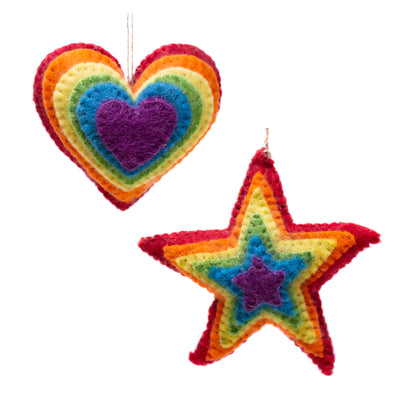 Rainbow Heart and Star Burst Handmade Felt Ornaments, Set of 2