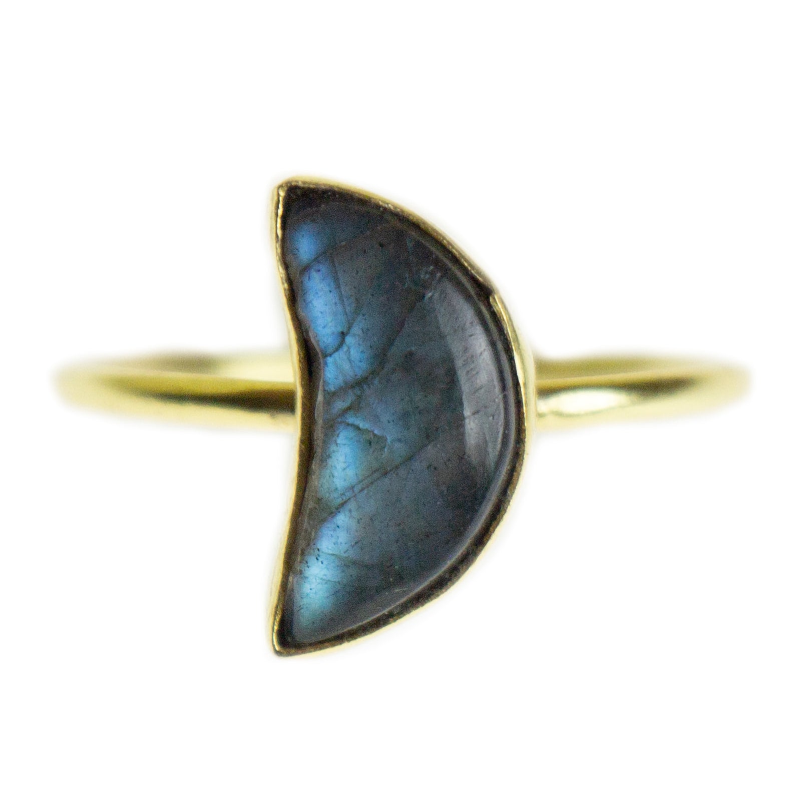 Handmade Labradorite Stone Crescent Moon Golden Brass Ring