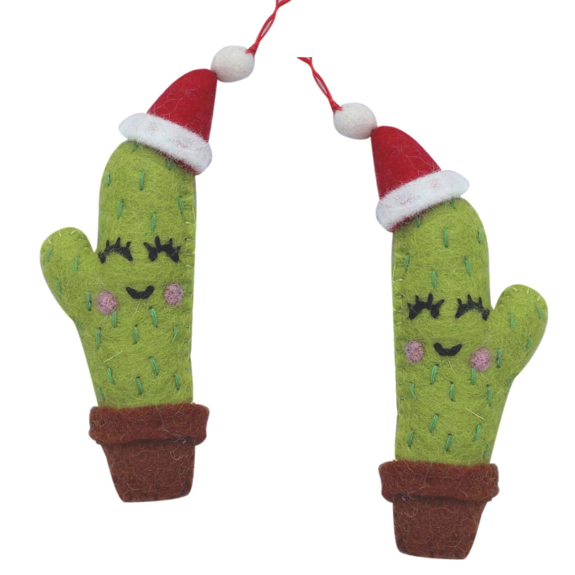 Santa Hat Saguaro Cactus Felt Ornaments, Set of 2